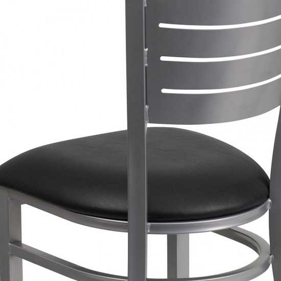 Silver Slat Back Metal Restaurant Chair - Black Vinyl Seat