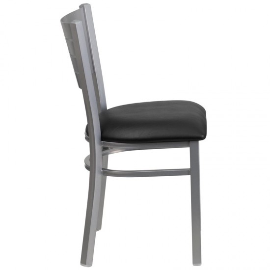 Silver Slat Back Metal Restaurant Chair - Black Vinyl Seat