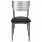 Silver Slat Back Metal Restaurant Chair - Black Vinyl Seat