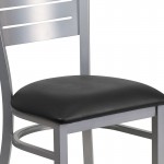 Silver Slat Back Metal Restaurant Chair - Black Vinyl Seat