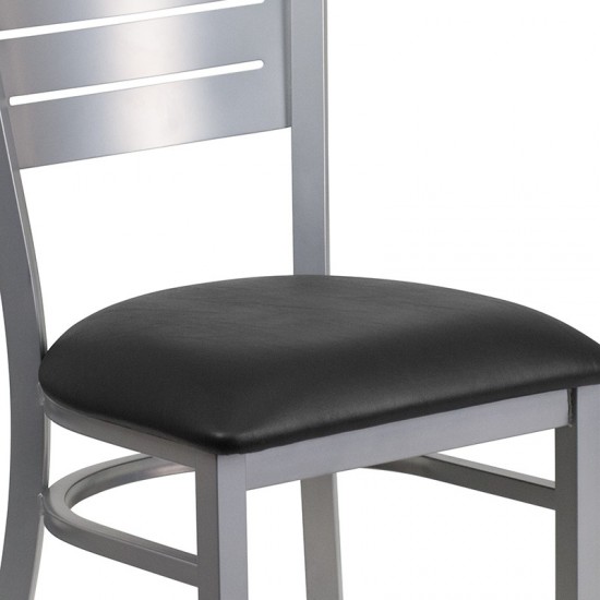 Silver Slat Back Metal Restaurant Chair - Black Vinyl Seat