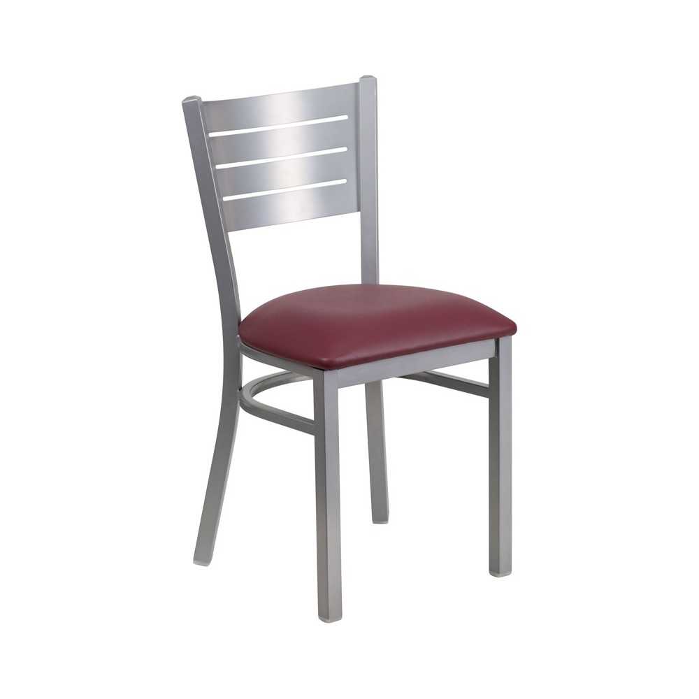 Silver Slat Back Metal Restaurant Chair - Burgundy Vinyl Seat