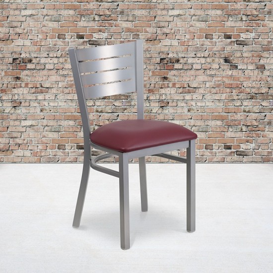 Silver Slat Back Metal Restaurant Chair - Burgundy Vinyl Seat