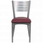 Silver Slat Back Metal Restaurant Chair - Burgundy Vinyl Seat