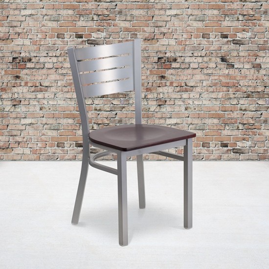 Silver Slat Back Metal Restaurant Chair - Mahogany Wood Seat