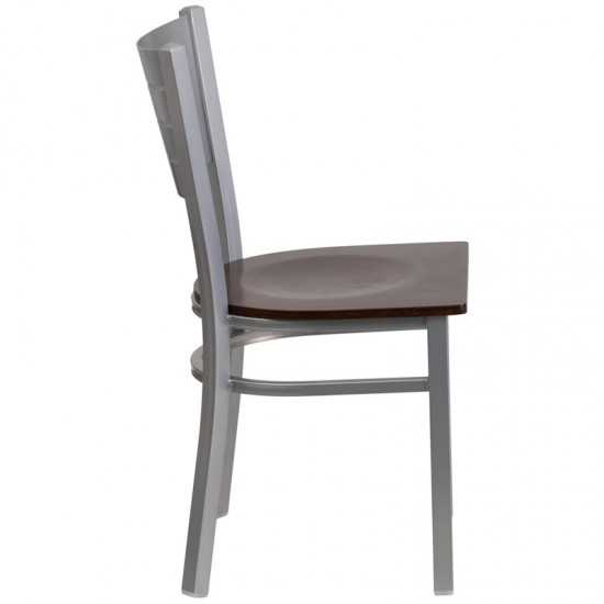 Silver Slat Back Metal Restaurant Chair - Walnut Wood Seat