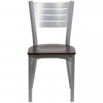 Silver Slat Back Metal Restaurant Chair - Walnut Wood Seat