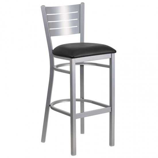 Silver Slat Back Metal Restaurant Barstool - Black Vinyl Seat