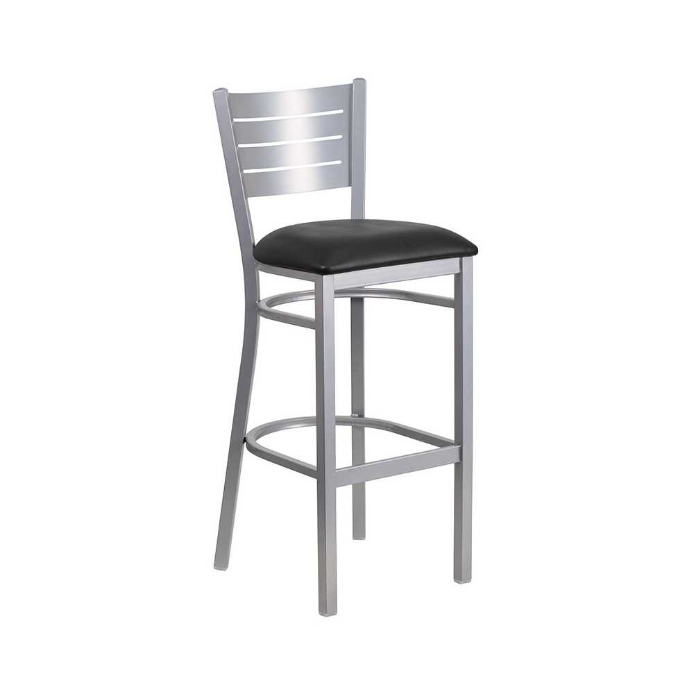 Silver Slat Back Metal Restaurant Barstool - Black Vinyl Seat Silver Slat Back Metal Restaurant Barstool - Black Vinyl Seat