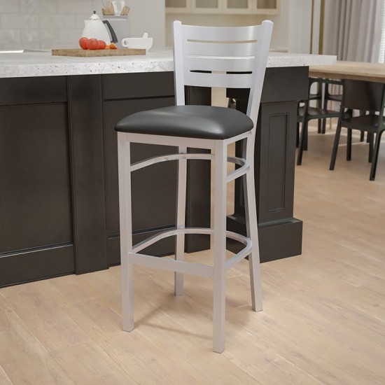Silver Slat Back Metal Restaurant Barstool - Black Vinyl Seat