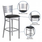 Silver Slat Back Metal Restaurant Barstool - Black Vinyl Seat