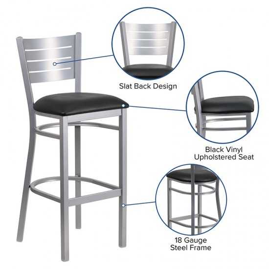 Silver Slat Back Metal Restaurant Barstool - Black Vinyl Seat