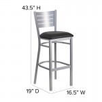 Silver Slat Back Metal Restaurant Barstool - Black Vinyl Seat