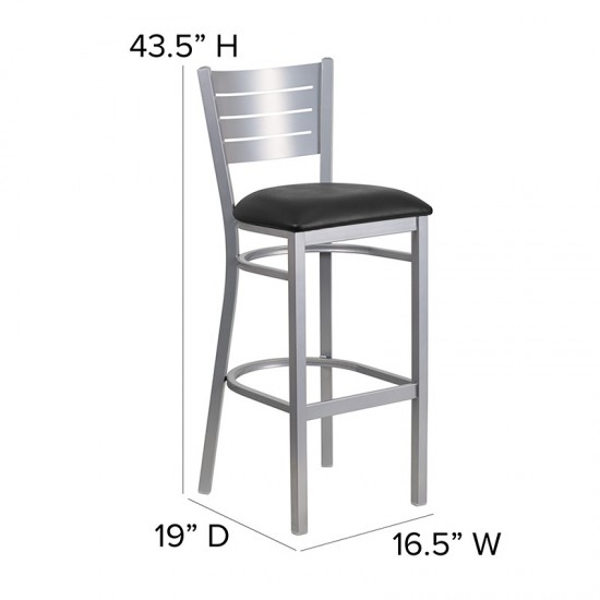 Silver Slat Back Metal Restaurant Barstool - Black Vinyl Seat