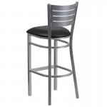 Silver Slat Back Metal Restaurant Barstool - Black Vinyl Seat