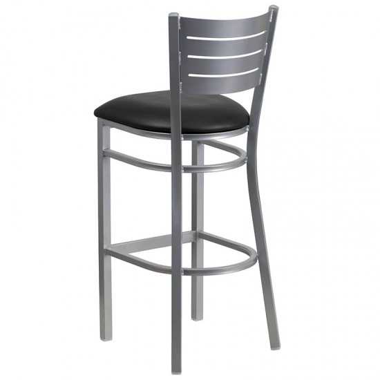 Silver Slat Back Metal Restaurant Barstool - Black Vinyl Seat