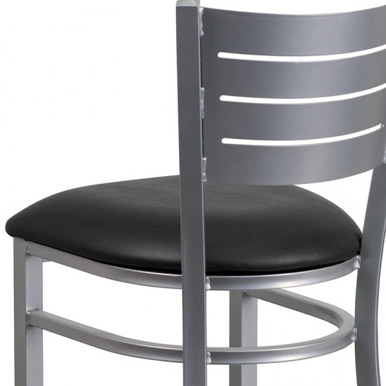 Silver Slat Back Metal Restaurant Barstool - Black Vinyl Seat