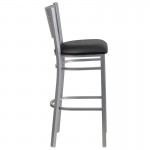 Silver Slat Back Metal Restaurant Barstool - Black Vinyl Seat