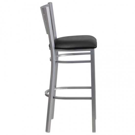Silver Slat Back Metal Restaurant Barstool - Black Vinyl Seat