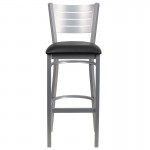 Silver Slat Back Metal Restaurant Barstool - Black Vinyl Seat