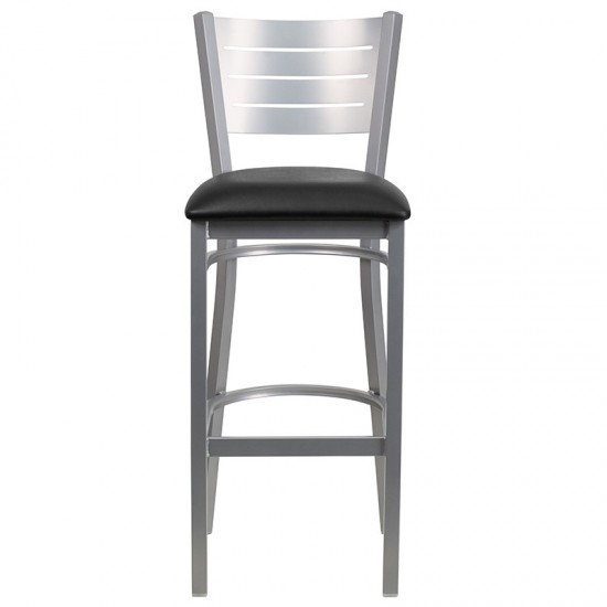Silver Slat Back Metal Restaurant Barstool - Black Vinyl Seat
