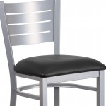 Silver Slat Back Metal Restaurant Barstool - Black Vinyl Seat