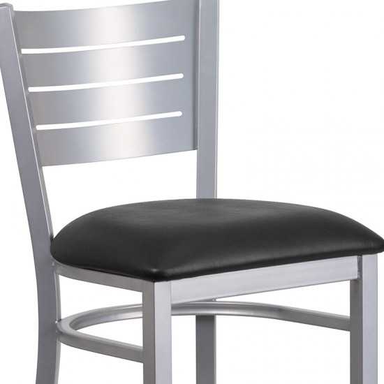 Silver Slat Back Metal Restaurant Barstool - Black Vinyl Seat