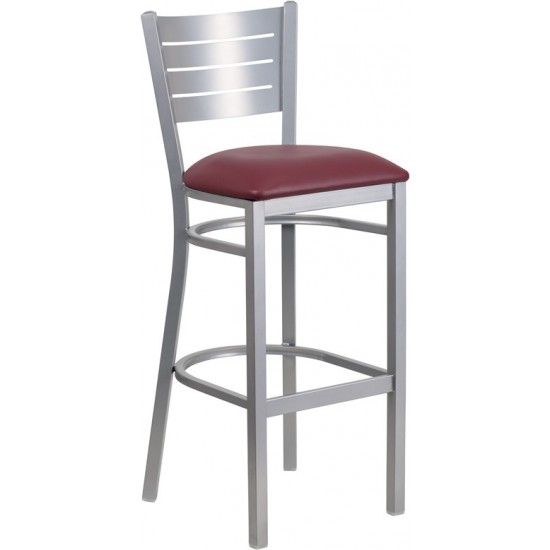 Silver Slat Back Metal Restaurant Barstool - Burgundy Vinyl Seat