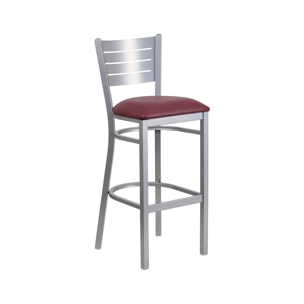 Silver Slat Back Metal Restaurant Barstool - Burgundy Vinyl Seat