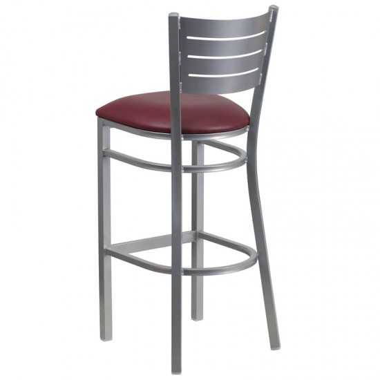 Silver Slat Back Metal Restaurant Barstool - Burgundy Vinyl Seat