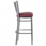 Silver Slat Back Metal Restaurant Barstool - Burgundy Vinyl Seat