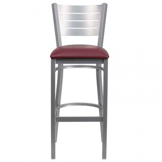 Silver Slat Back Metal Restaurant Barstool - Burgundy Vinyl Seat