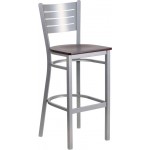 Silver Slat Back Metal Restaurant Barstool - Mahogany Wood Seat