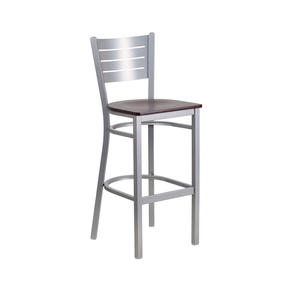 Silver Slat Back Metal Restaurant Barstool - Mahogany Wood Seat