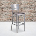 Silver Slat Back Metal Restaurant Barstool - Mahogany Wood Seat