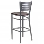 Silver Slat Back Metal Restaurant Barstool - Mahogany Wood Seat