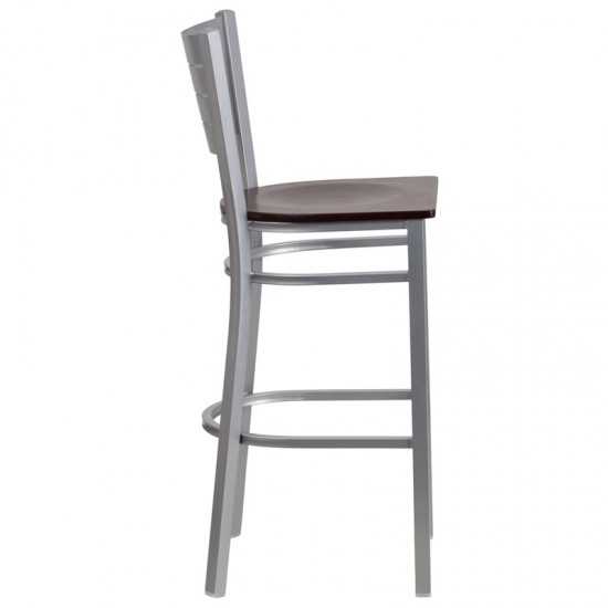 Silver Slat Back Metal Restaurant Barstool - Mahogany Wood Seat