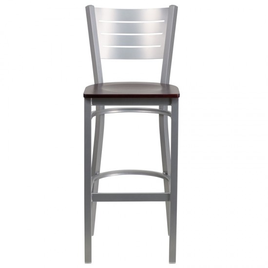 Silver Slat Back Metal Restaurant Barstool - Mahogany Wood Seat