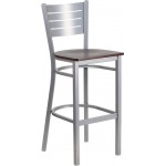 Silver Slat Back Metal Restaurant Barstool - Walnut Wood Seat