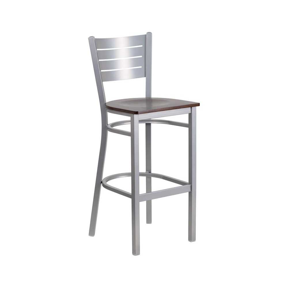 Silver Slat Back Metal Restaurant Barstool - Walnut Wood Seat