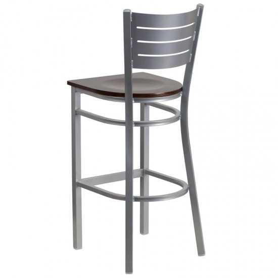 Silver Slat Back Metal Restaurant Barstool - Walnut Wood Seat