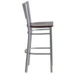 Silver Slat Back Metal Restaurant Barstool - Walnut Wood Seat