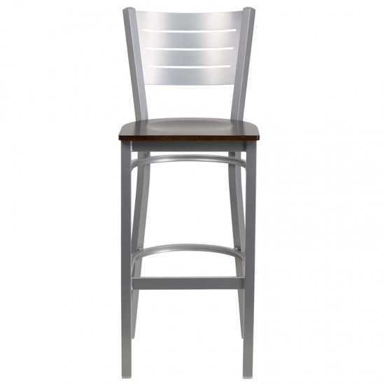 Silver Slat Back Metal Restaurant Barstool - Walnut Wood Seat