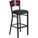 Black 4 Square Back Metal Restaurant Barstool - Mahogany Wood Back, Black Vinyl Seat