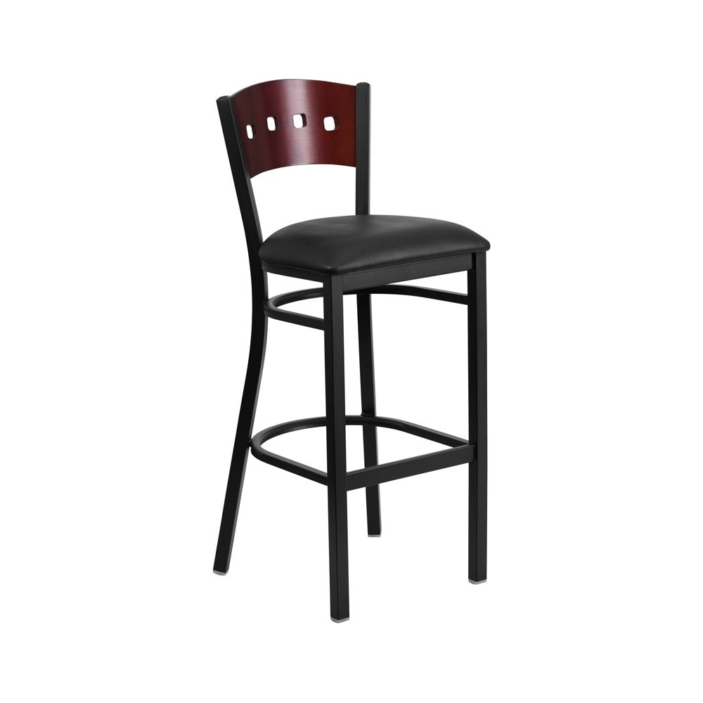 Black 4 Square Back Metal Restaurant Barstool - Mahogany Wood Back, Black Vinyl Seat