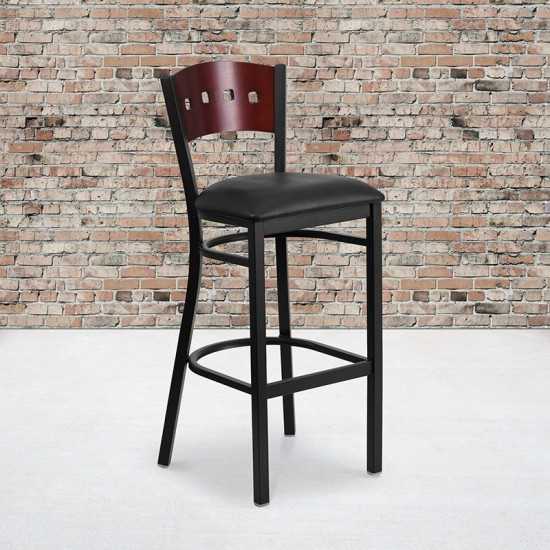 Black 4 Square Back Metal Restaurant Barstool - Mahogany Wood Back, Black Vinyl Seat