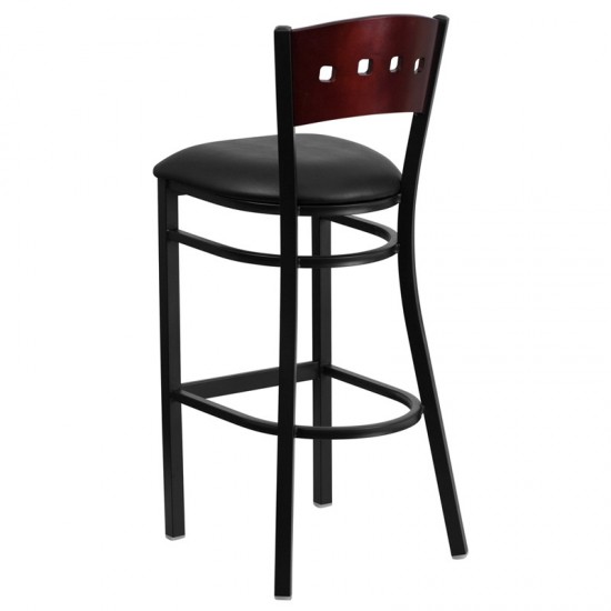 Black 4 Square Back Metal Restaurant Barstool - Mahogany Wood Back, Black Vinyl Seat