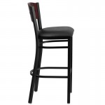 Black 4 Square Back Metal Restaurant Barstool - Mahogany Wood Back, Black Vinyl Seat