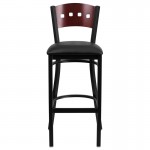 Black 4 Square Back Metal Restaurant Barstool - Mahogany Wood Back, Black Vinyl Seat