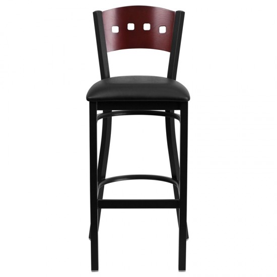 Black 4 Square Back Metal Restaurant Barstool - Mahogany Wood Back, Black Vinyl Seat